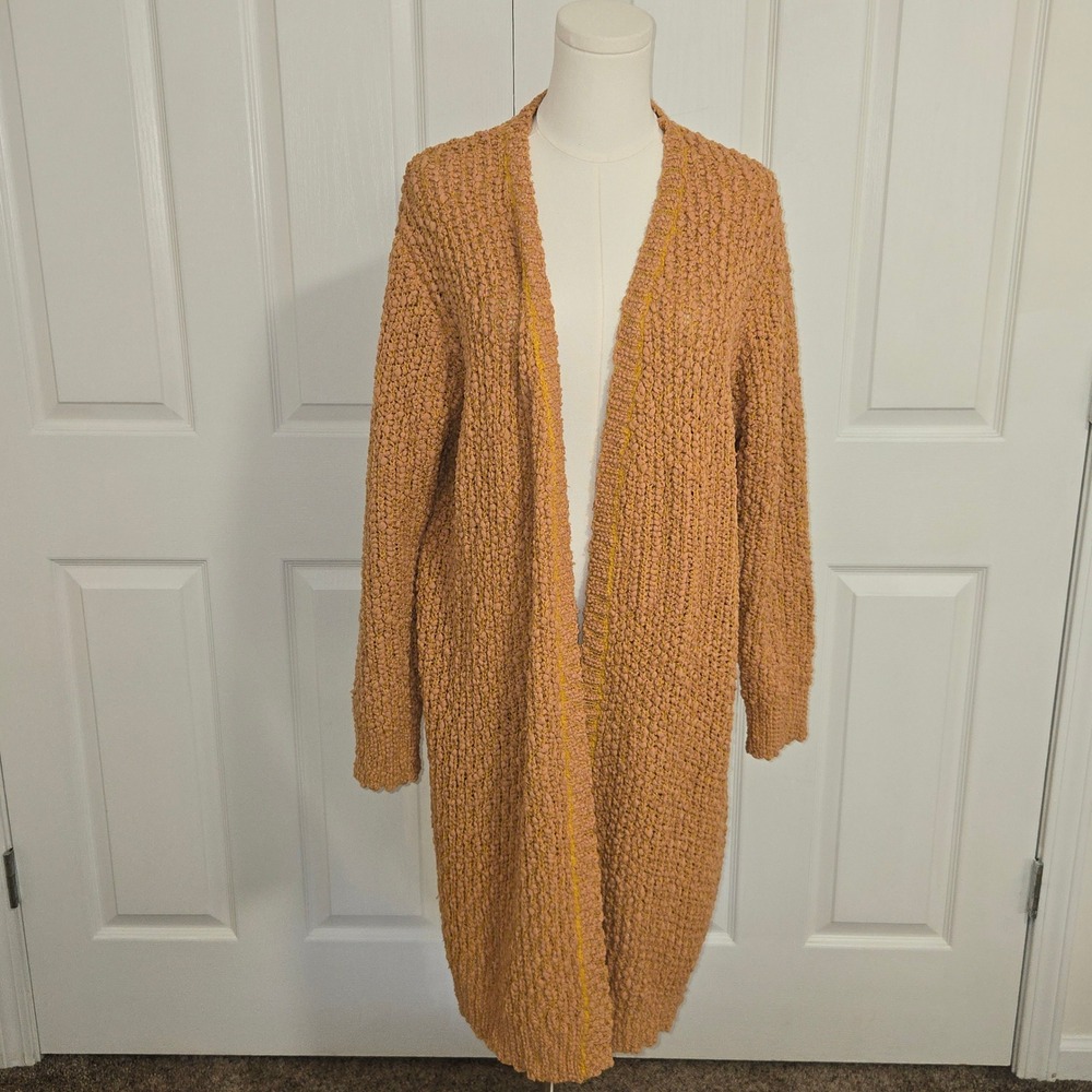 Impressions Cardigan Womens Large Peach Popcorn Knit Open Front Longline Duster